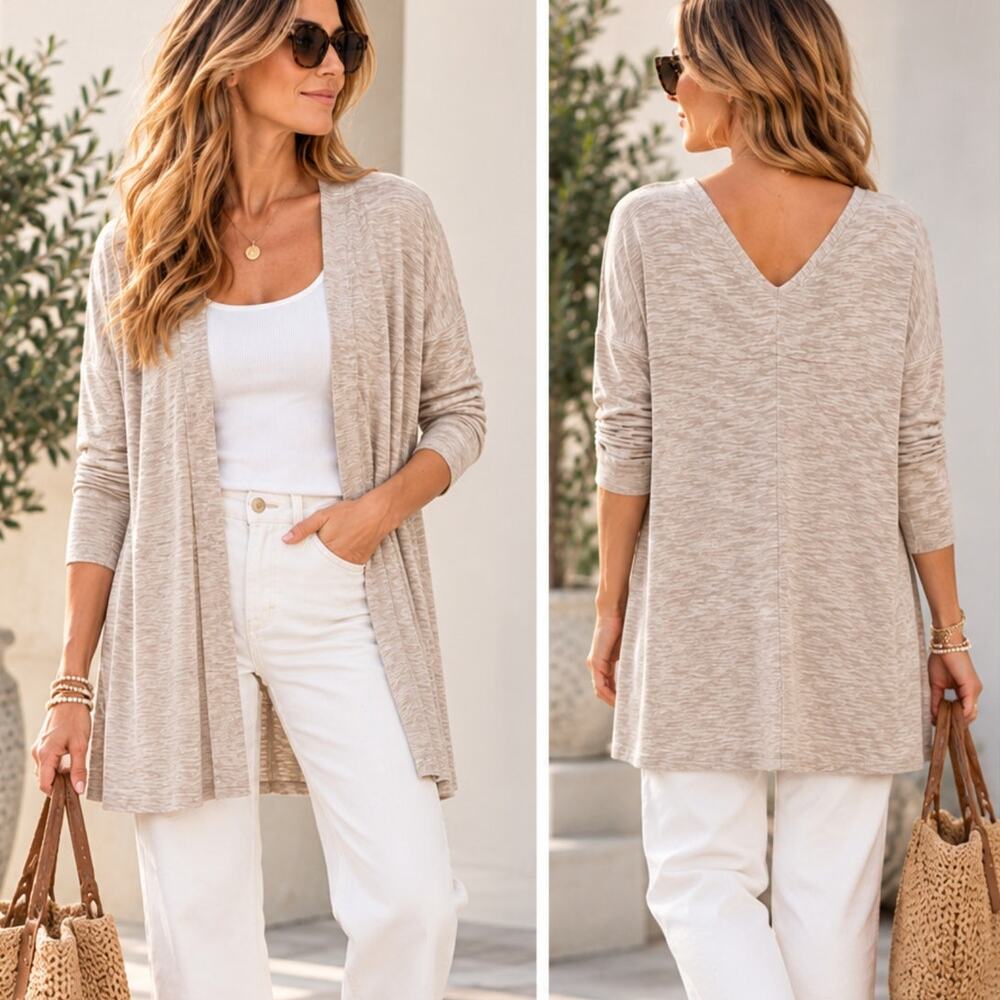Cyrus Cotton Rayon Cardigan L Oatmeal Open Front V Back Lightweight Slub Knit